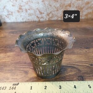 Antique Silver Plated Brass Reticulated Tea Glass Holder Scalloped 3x4 Inch